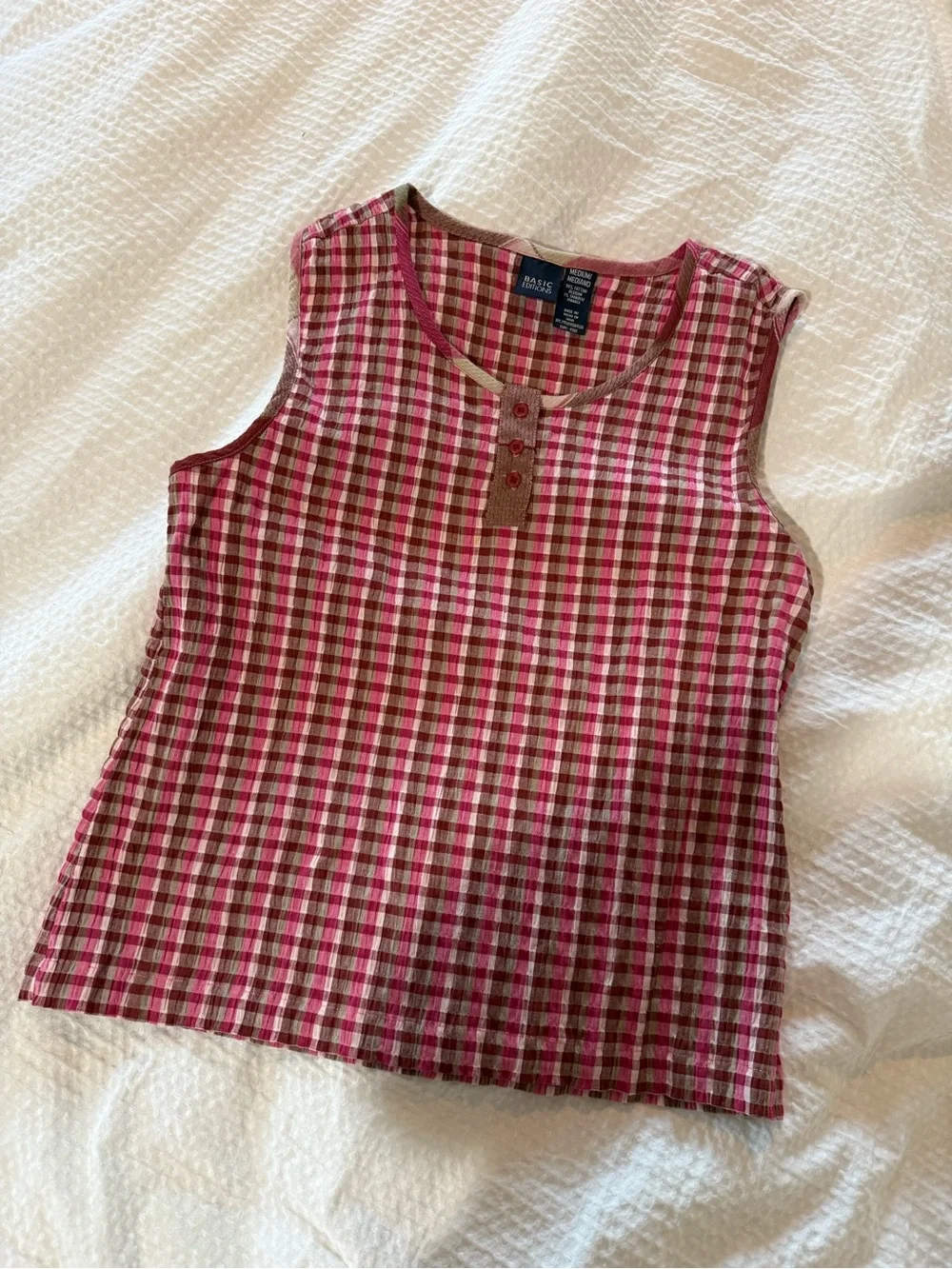 Basic Editions Pink Plaid Sleeveless Henley Tank - Picture 1 of 5